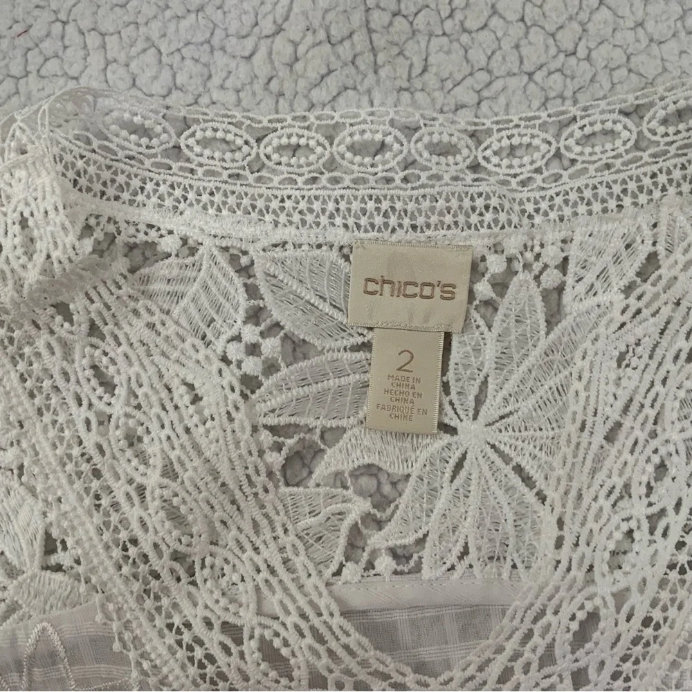 Chico's Sz Large Tunic White Lace Sheer Floral Cut Out Long Sleeve Side Slit New